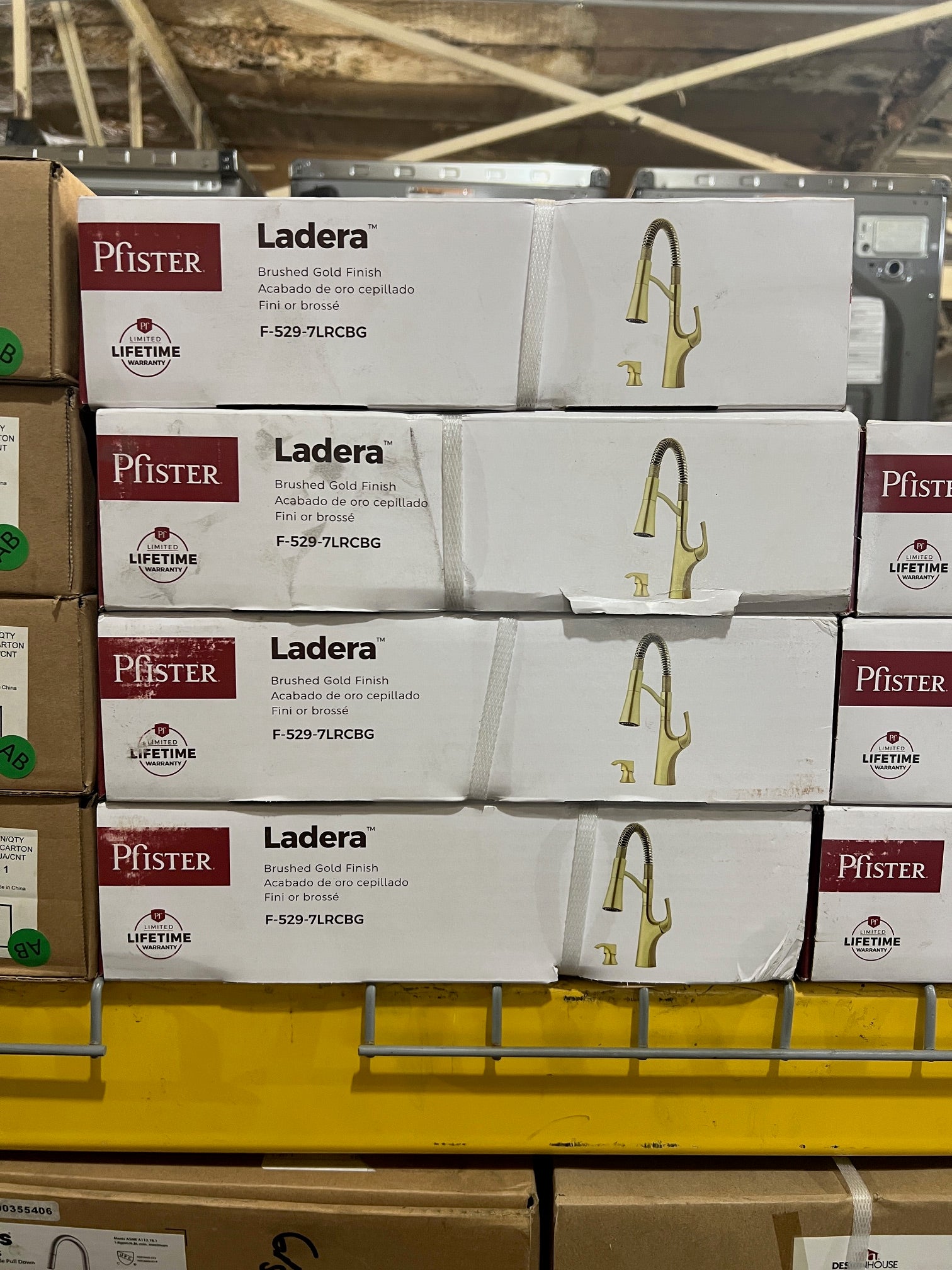 Pfister Ladera Commercial Faucet with Pull Down Sprayer and Soap Dispenser Single Handle Brushed Gold Finish