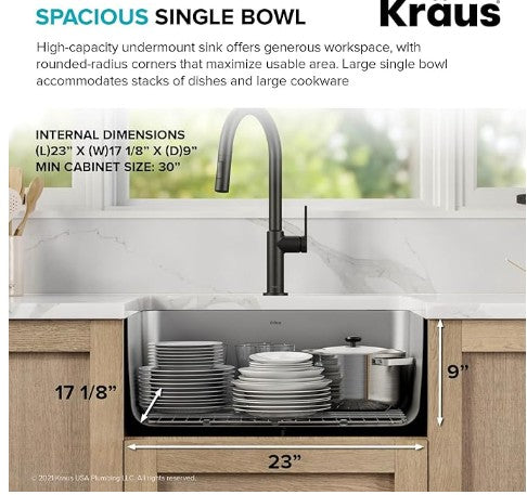 KRAUS Dex 25-inch Undermount 16 Gauge Stainless Steel Single Bowl Kitchen Sink