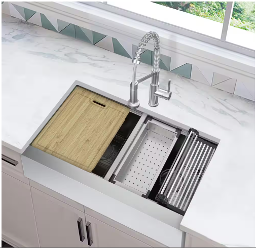 Glacier Bay All-in-One Apron Mount 16G Stainless Steel 33 in. Double Bowl Kitchen Workstation Sink with Faucet in Brushed Finish