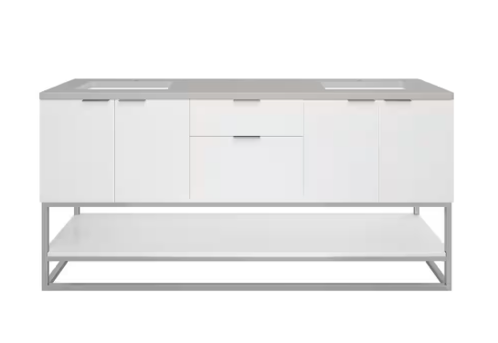 Brearly 72" Double Sink Freestanding Bath Vanity in Glossy White with Pietra Gray Quartz Top